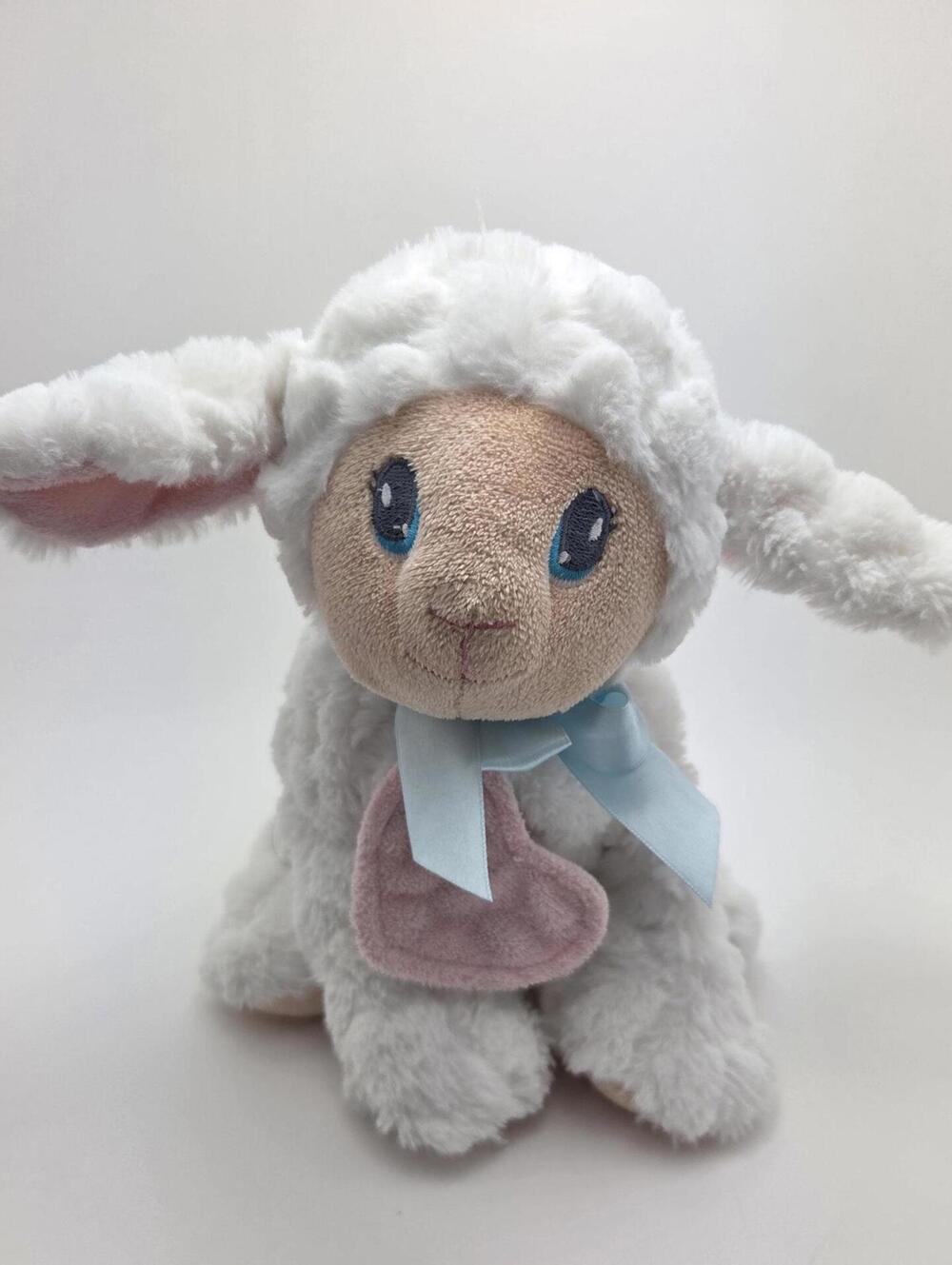 Hands on Ganz White Lamb Plush with Heart Blue Bow (10 inch)